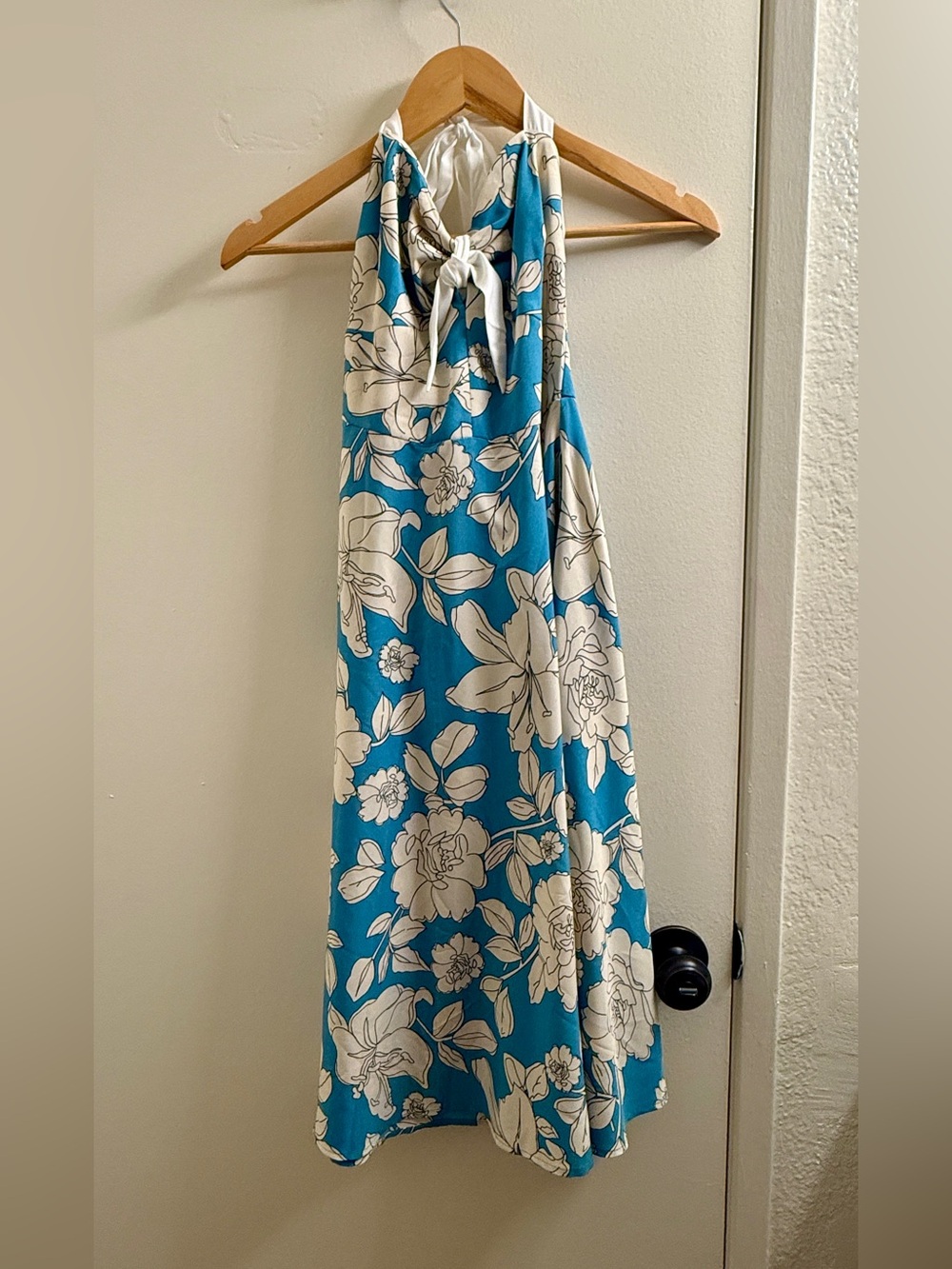 Unique Vintage Teal and White Floral Halter Maxi Dress